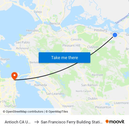 Antioch CA USA to San Francisco Ferry Building Station map