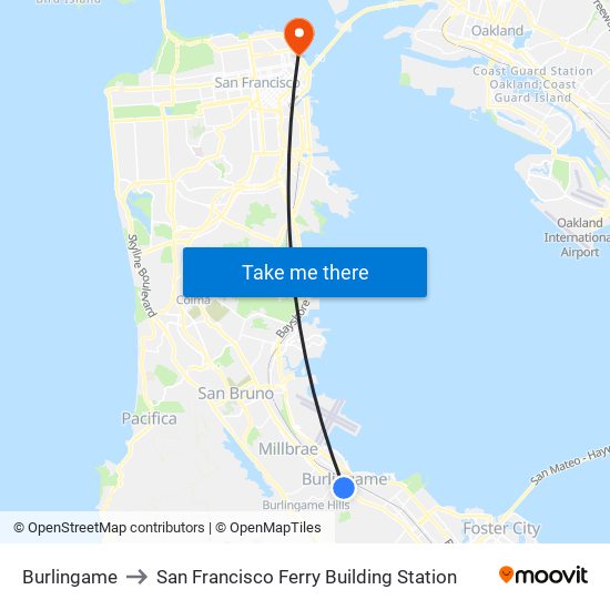 Burlingame to San Francisco Ferry Building Station map