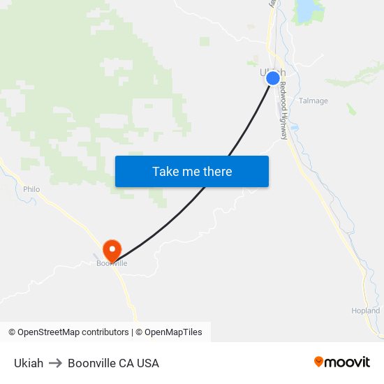 Ukiah to Boonville CA USA map