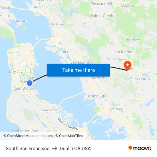 South San Francisco to Dublin CA USA map