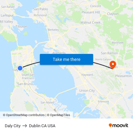 Daly City to Dublin CA USA map