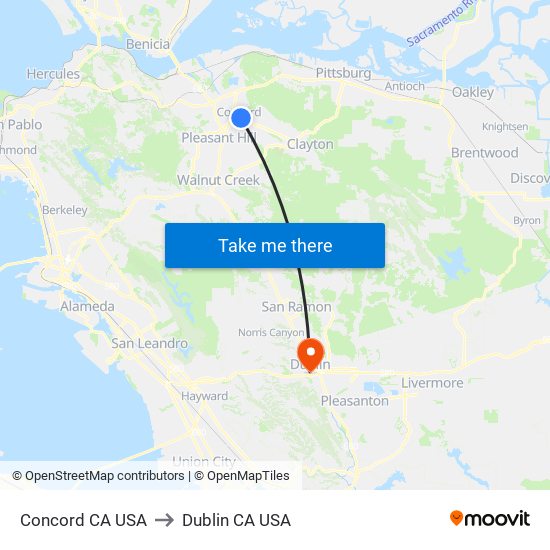 Concord CA USA to Dublin CA USA map