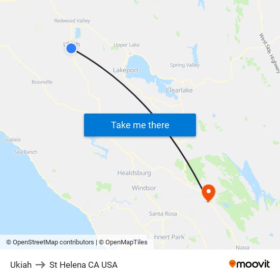 Ukiah to St Helena CA USA map