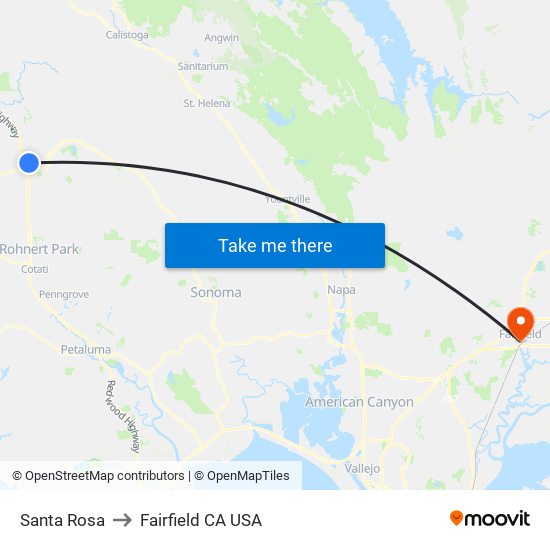 Santa Rosa to Fairfield CA USA map