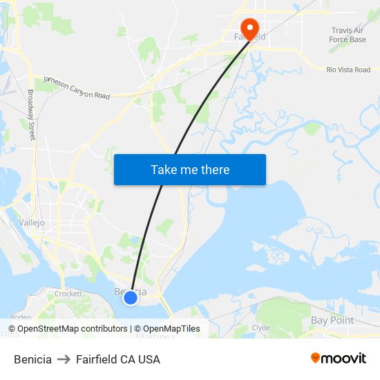 Benicia to Fairfield CA USA map