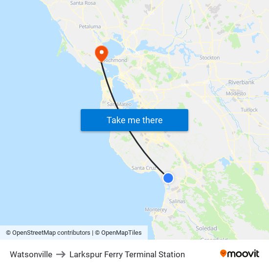 Watsonville to Larkspur Ferry Terminal Station map