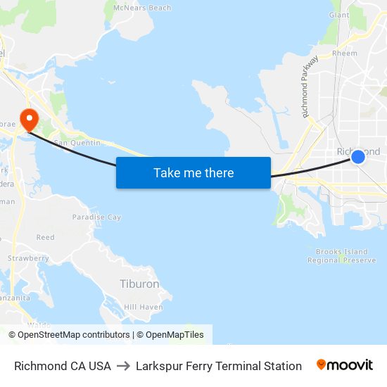 Richmond CA USA to Larkspur Ferry Terminal Station map