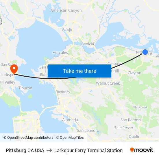 Pittsburg CA USA to Larkspur Ferry Terminal Station map