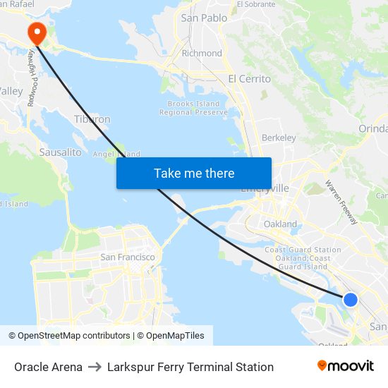 Oracle Arena to Larkspur Ferry Terminal Station map