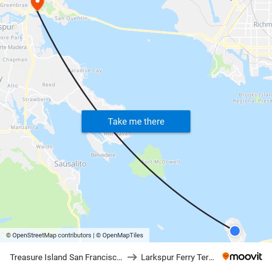 Treasure Island San Francisco County CA USA to Larkspur Ferry Terminal Station map