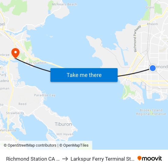 Richmond Station CA USA to Larkspur Ferry Terminal Station map