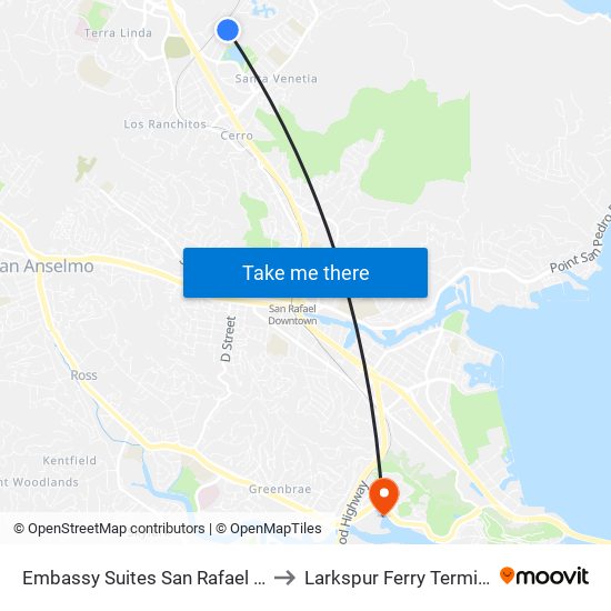 Embassy Suites San Rafael Marin County to Larkspur Ferry Terminal Station map