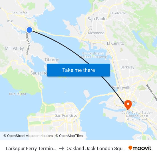 Larkspur Ferry Terminal Station to Oakland Jack London Square Station map