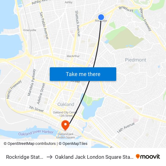 Rockridge Station to Oakland Jack London Square Station map