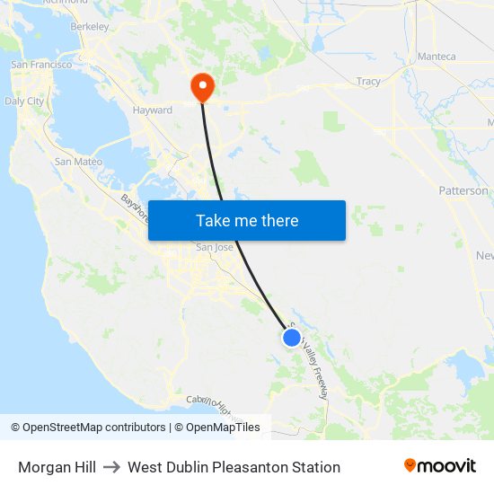 Morgan Hill to West Dublin Pleasanton Station map