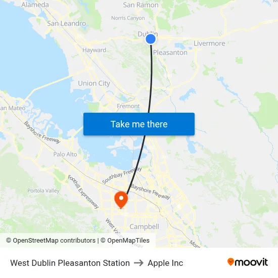 West Dublin Pleasanton Station to Apple Inc map