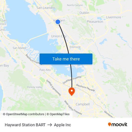 Hayward Station BART to Apple Inc map