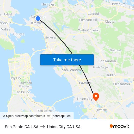San Pablo CA USA to Union City CA USA map
