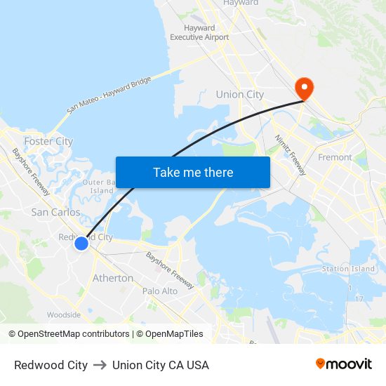 Redwood City to Union City CA USA map