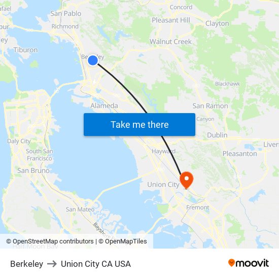 Berkeley to Union City CA USA map