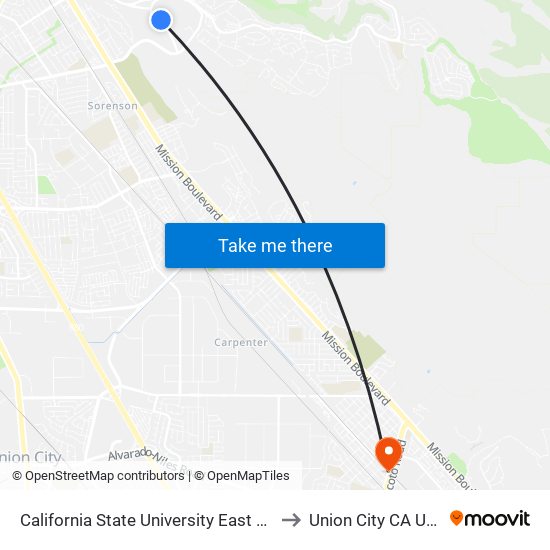 California State University East Bay to Union City CA USA map