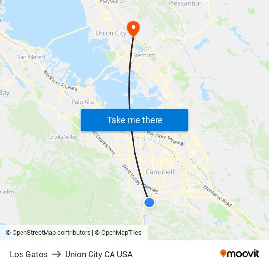 Los Gatos to Union City CA USA map