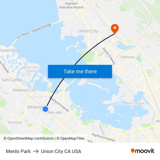 Menlo Park to Union City CA USA map