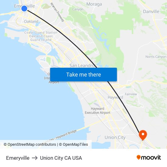 Emeryville to Union City CA USA map