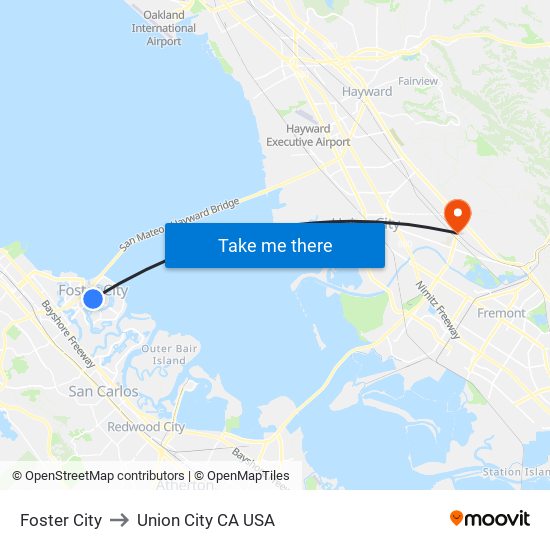Foster City to Union City CA USA map