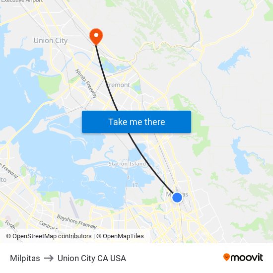 Milpitas to Union City CA USA map