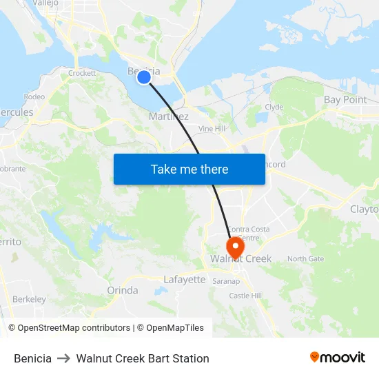 Benicia to Walnut Creek Bart Station map