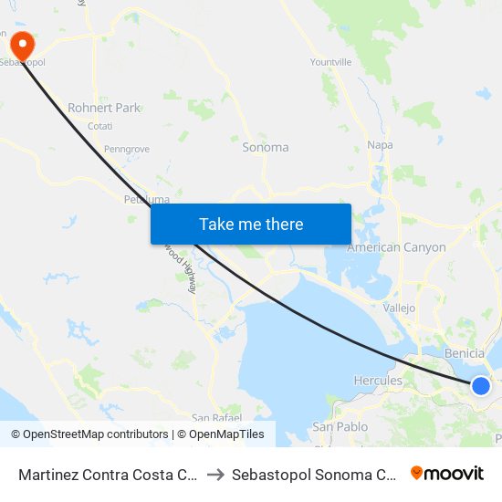 Martinez Contra Costa County CA USA to Sebastopol Sonoma County CA USA map