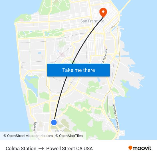 Colma Station to Powell Street CA USA map