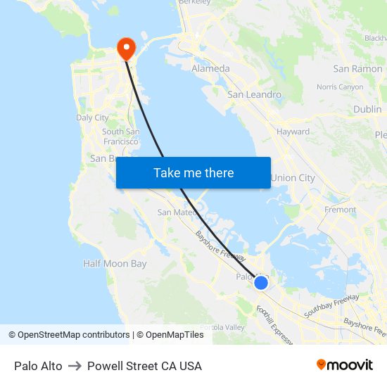 Palo Alto to Powell Street CA USA map