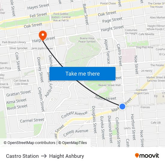 Castro Station to Haight Ashbury map