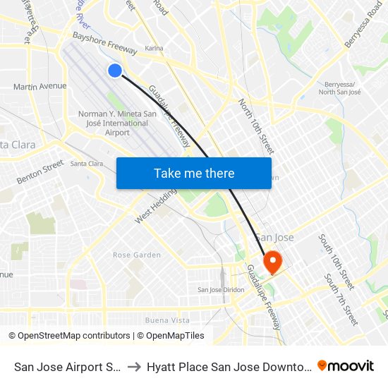 San Jose Airport SJC to Hyatt Place San Jose Downtown map