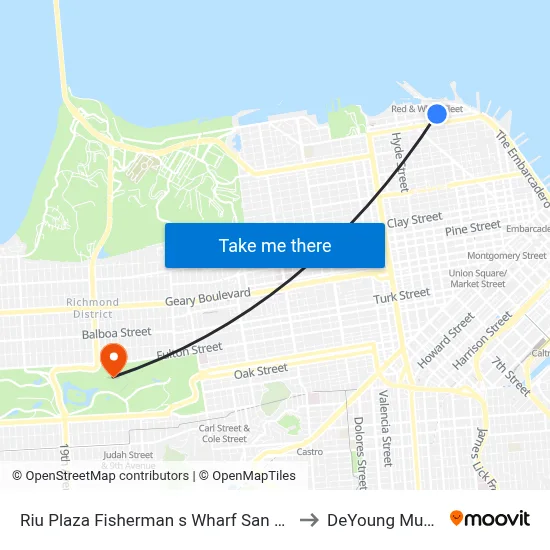 Riu Plaza Fisherman s Wharf San Francisco to DeYoung Museum map