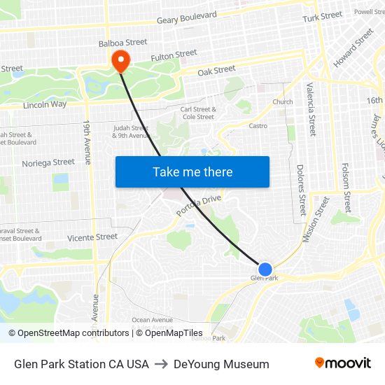 Glen Park Station CA USA to DeYoung Museum map