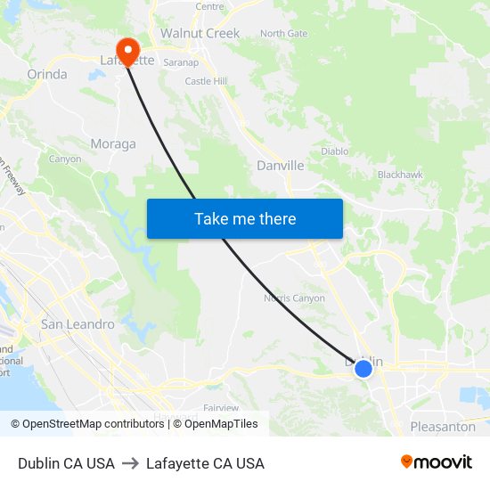 Dublin CA USA to Lafayette CA USA map