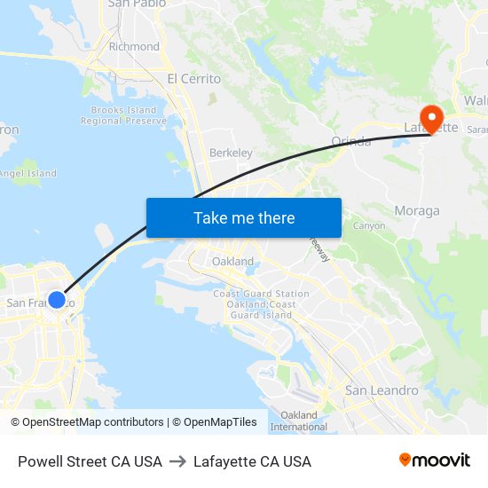 Powell Street CA USA to Lafayette CA USA map