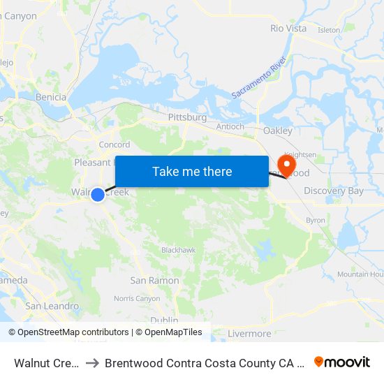 Walnut Creek to Brentwood Contra Costa County CA USA map