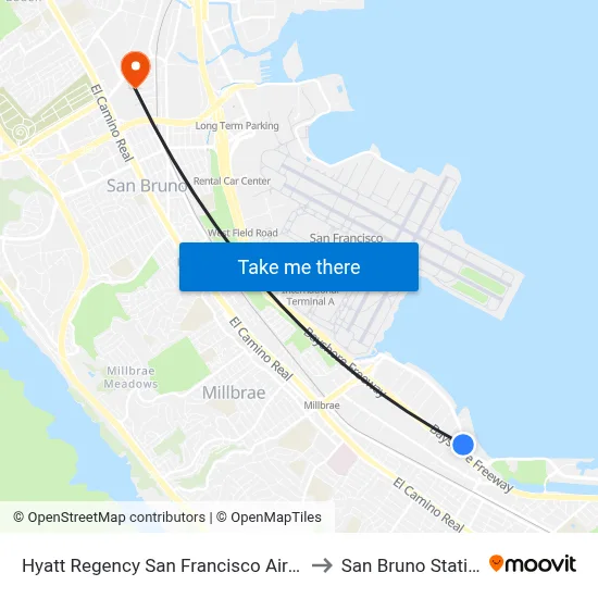 Hyatt Regency San Francisco Airport Burlingame to San Bruno Station BART map