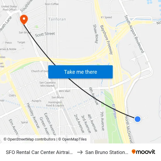 SFO Rental Car Center Airtrain Station to San Bruno Station BART map
