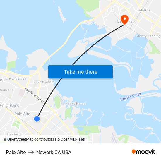 Palo Alto to Newark CA USA map