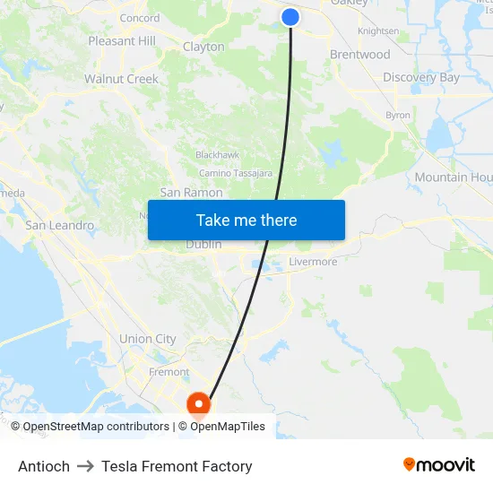 Antioch to Tesla Fremont Factory map