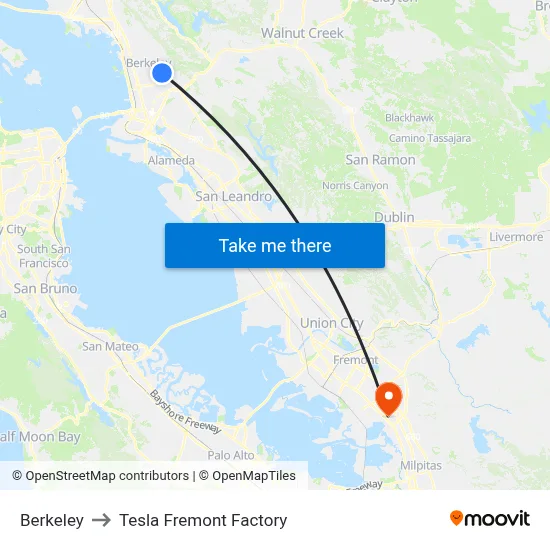 Berkeley to Tesla Fremont Factory map
