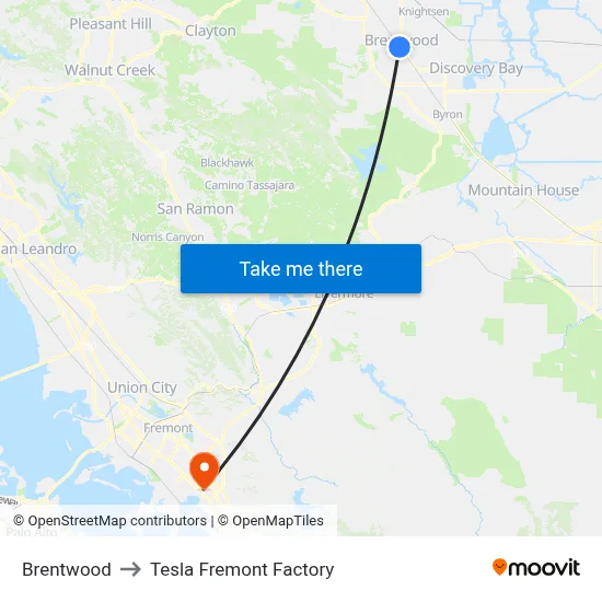 Brentwood to Tesla Fremont Factory map