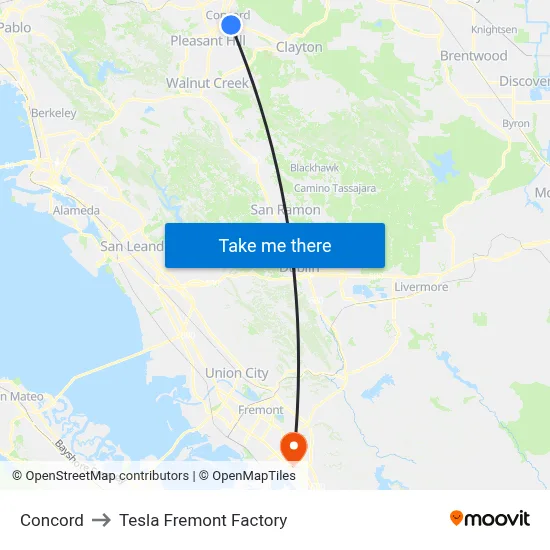 Concord to Tesla Fremont Factory map