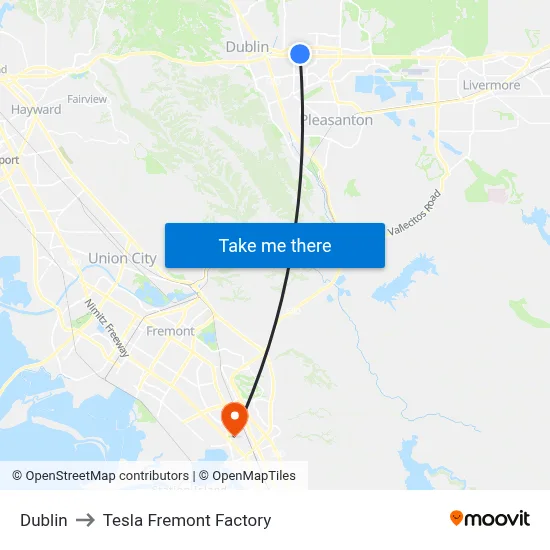 Dublin to Tesla Fremont Factory map