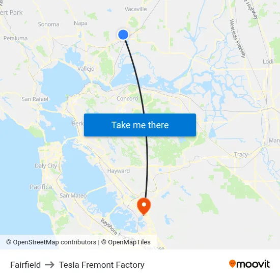 Fairfield to Tesla Fremont Factory map